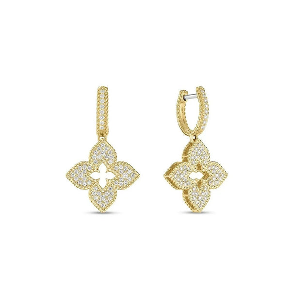 Venetian Princess Flower Pave Dangle Round Diamond Earrings - 1